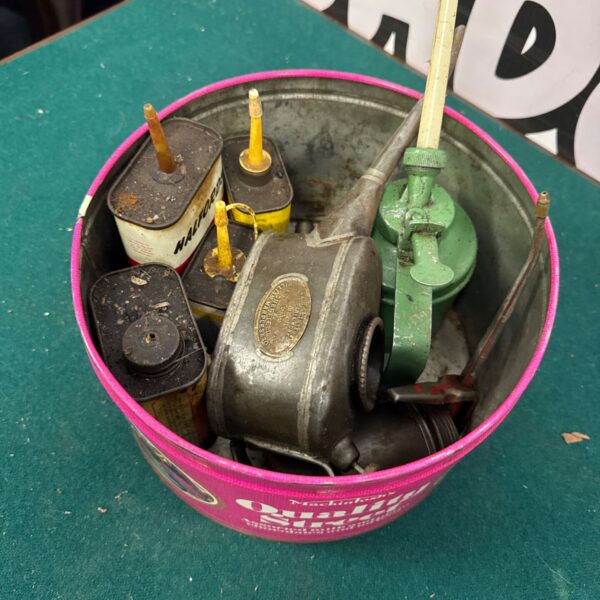 Vintage Halford oil can and drippers, a collection of garage tools.