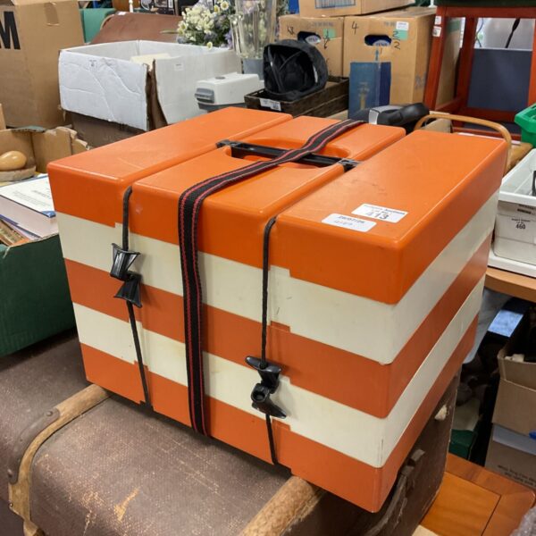 Orange and cream vintage Pac-A-Pic picnic set with straps.