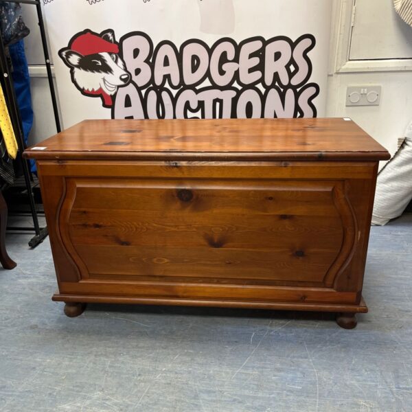 Vintage pine storage chest with carved panel and bun feet.