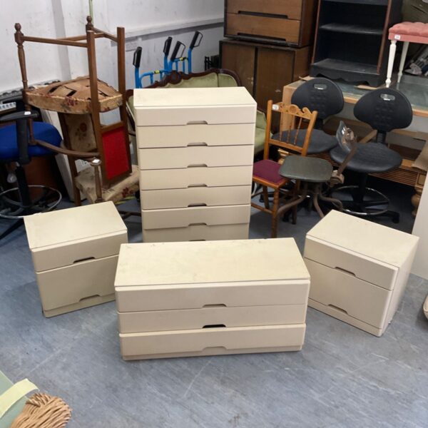 Vintage plastic chest of drawers, retro bedroom storage solution.