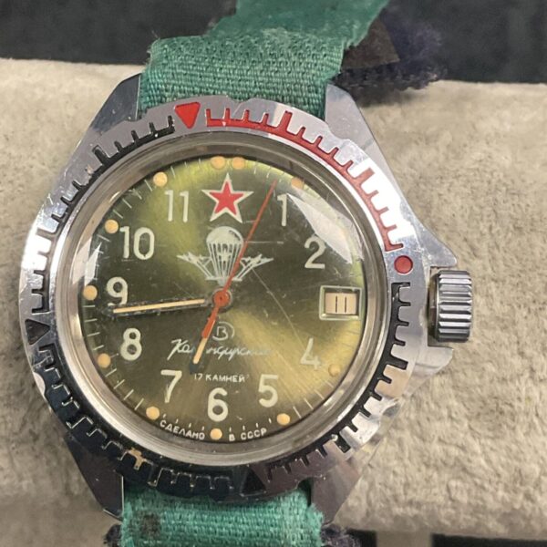 Close-up of vintage Russian parachutist watch dial.