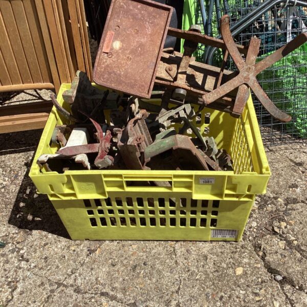 Box of vintage scale parts and components for restoration.