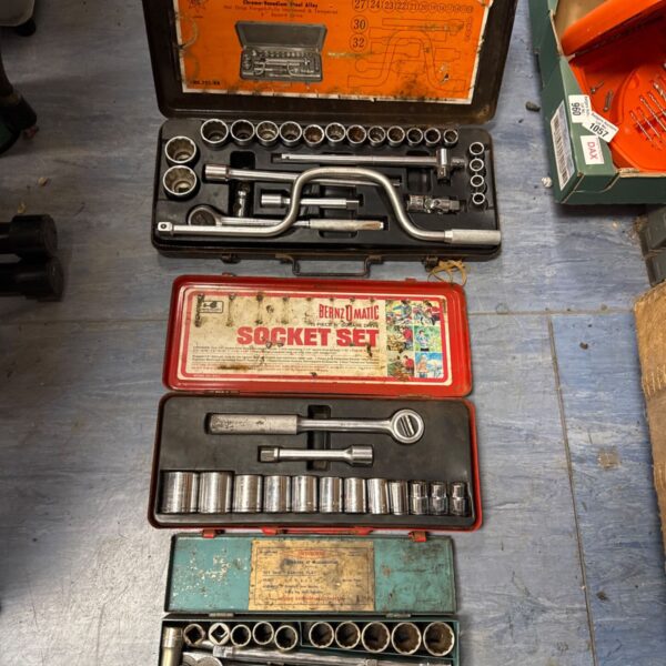 Vintage socket set with chrome vanadium sockets in a case.
