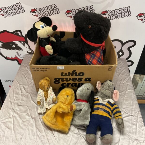 Vintage soft toys including Sooty, Sweep and Roland the Rat.