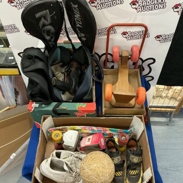 Vintage sports and leisure lot including trolley and sporting goods.