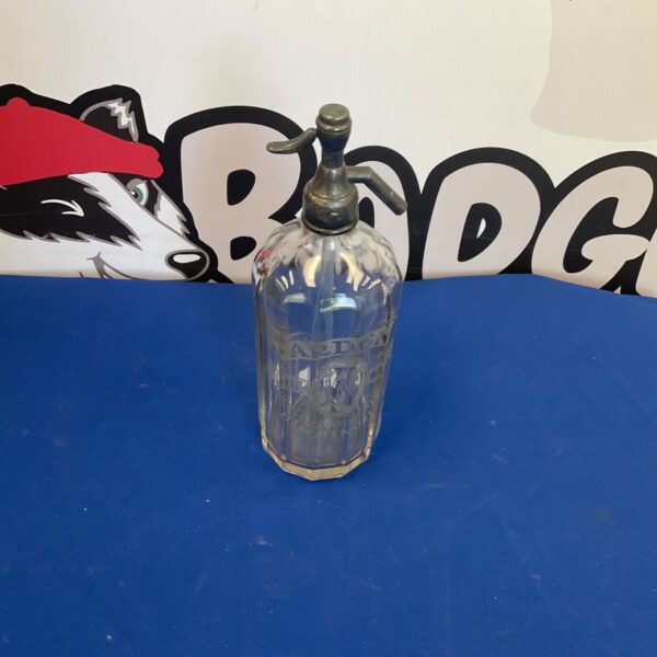 Vintage Yardley soda bottle, clear glass, antique collectible.