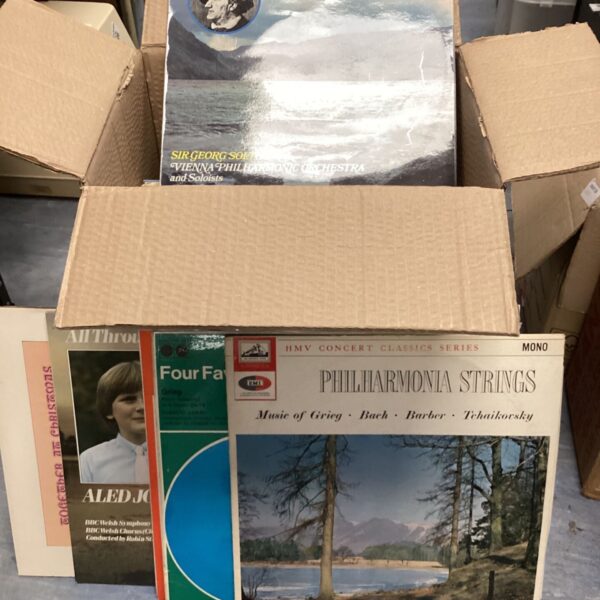 Vintage vinyl record collection featuring a Decca "World of Wagner" cover.