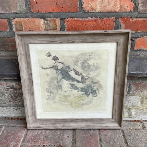 Framed Vivienne Kattan etching titled 'Entre Nous' from 1970.
