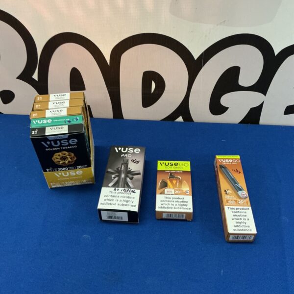 Vuse vape bundle including Pro device and golden tobacco liquids.