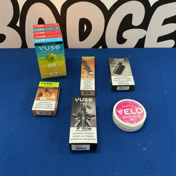 Vuse vape collection featuring Vuse Pro, Reload, and Velo nicotine products.