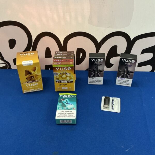 Vuse vaping kit with pods and devices, including VuseGo Reload 1000.