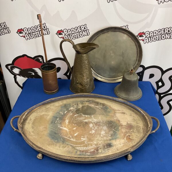 Vintage metalware collection featuring Walker & Hall silver plate tray.