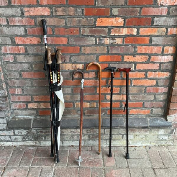 Collection of vintage and modern walking sticks and hiking sticks.