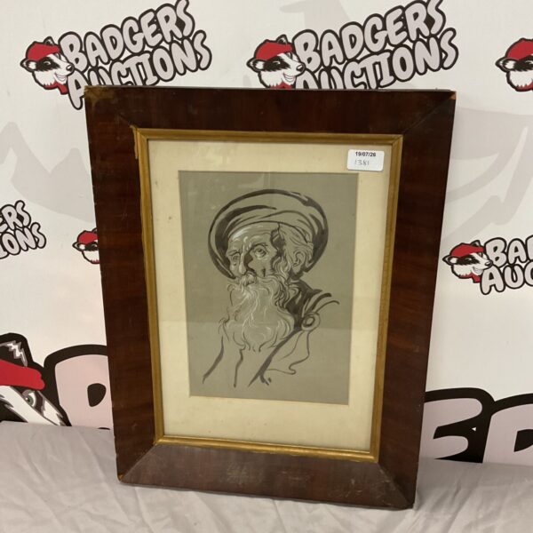 Antique watercolour portrait of a bearded elder, 19th century folk art.