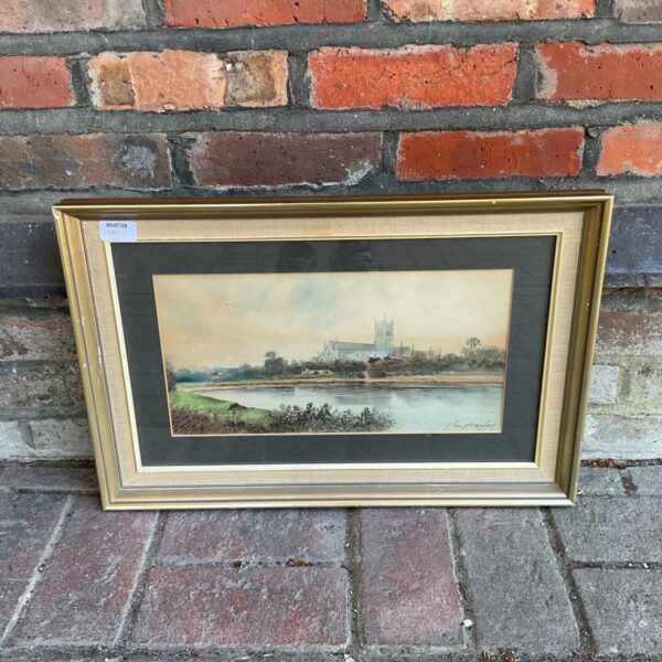 Early 20th century watercolour painting of a tranquil river scene.