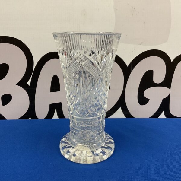 Clear Waterford crystal vase with detailed cut glass pattern.