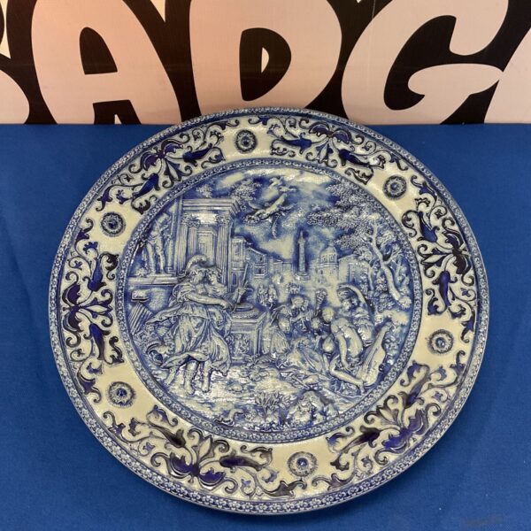 Antique Westerwald stoneware plate with Minerva and liberal arts scene.