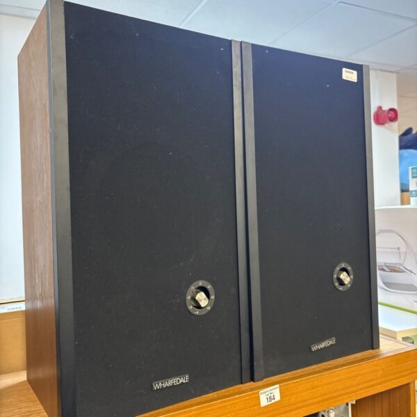 Vintage Wharfedale E30 speakers with walnut cabinets.