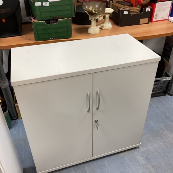 White lockable office cabinet with key for office storage.