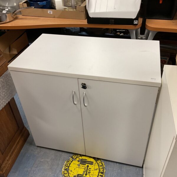 White lockable office cabinet with key for secure storage.