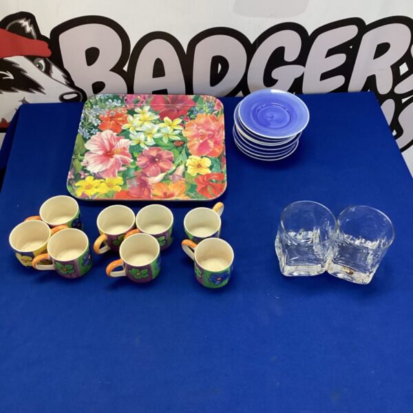 Floral patterned tray with Whittard espresso cups and whiskey tumblers.