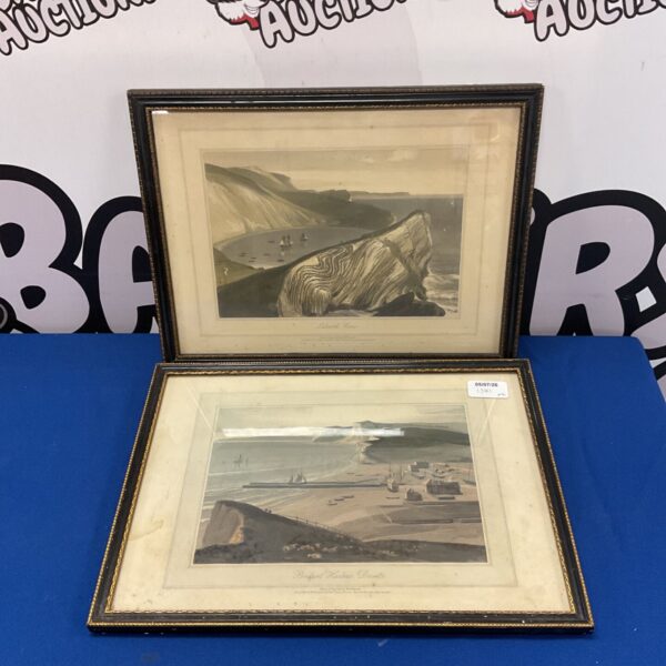 Antique William Daniell aquatint print of Bridport Harbour and Lulworth Cove.