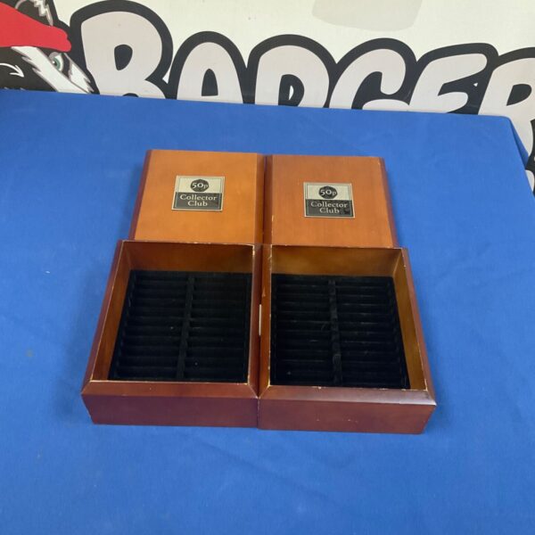Wooden 50p storage boxes with lined interiors for coin collecting.