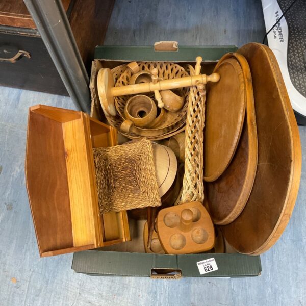 Vintage wooden kitchenalia lot with bowls and trivets.