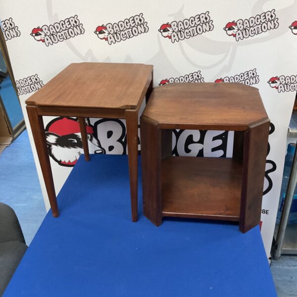 Pair of vintage wooden side tables with square tops.