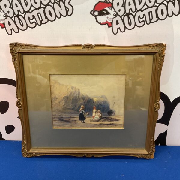 Early 19th century watercolour painting of fisher folk by the sea.