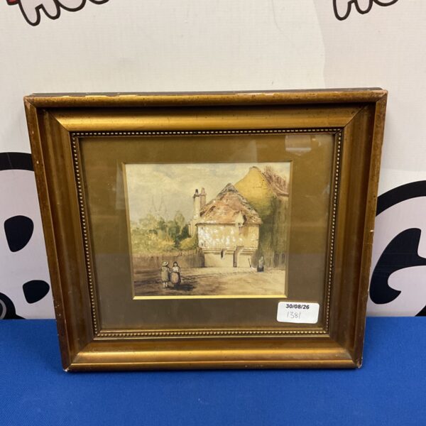 19th century watercolour painting of a village scene with figures.