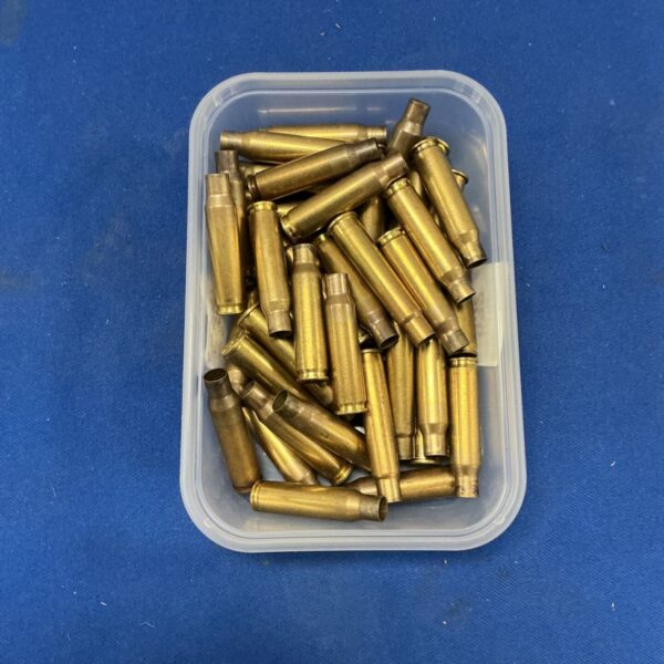 Lot of spent .303 brass shells in a plastic container.