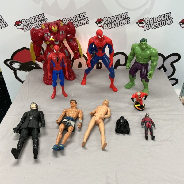 Action figure collection featuring Spider-Man, Hulk, and Darth Vader.