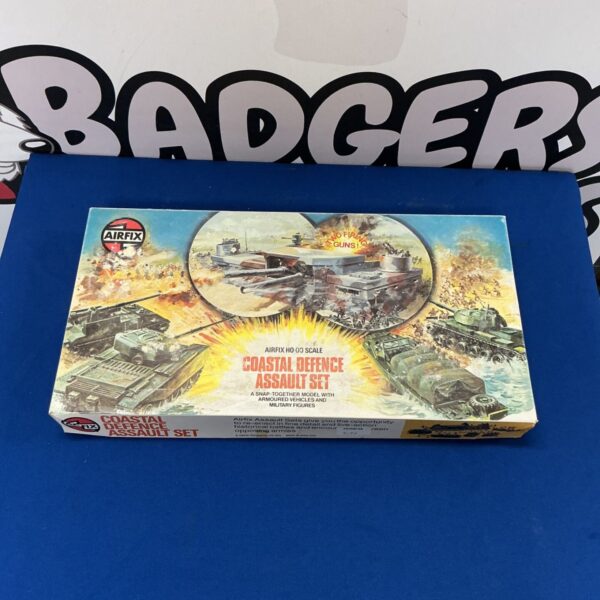 Vintage Airfix Coastal Defence Assault Set with soldiers and fortifications.