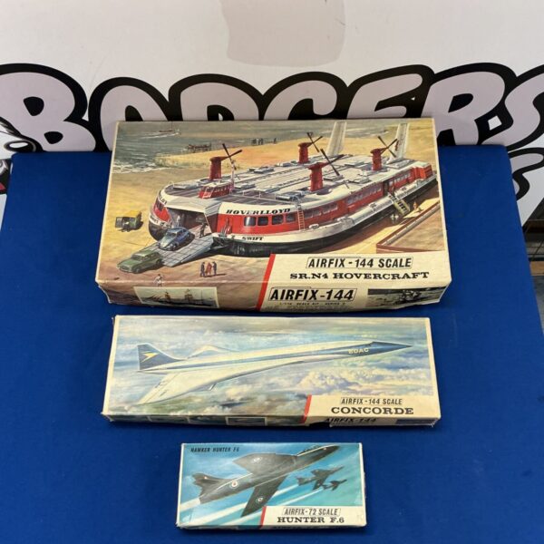 Vintage Airfix model kits including SR.N4 Hovercraft, Concorde, and Hunter F.6.