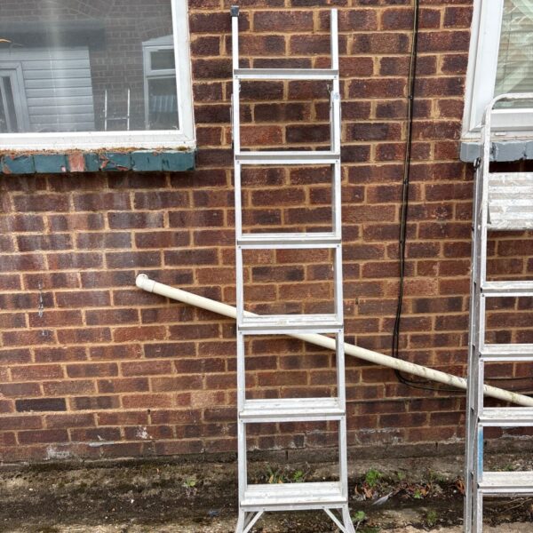 Aluminium step ladder leaning against a brick wall in a garden.