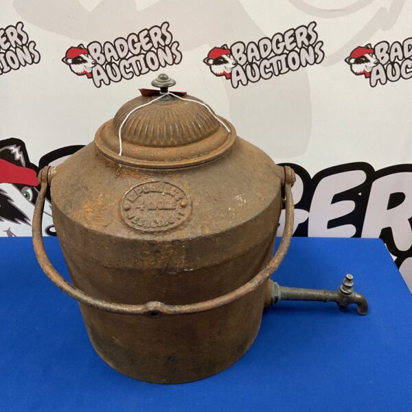 Antique E Pugh & Co cast iron water boiler urn with tap, vintage collectible.