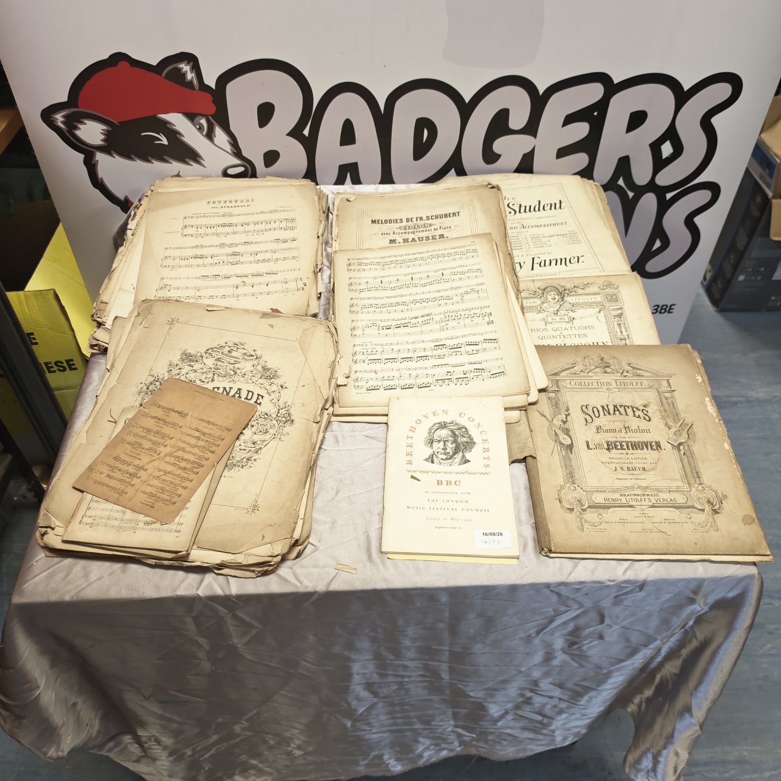 Antique classical sheet music collection featuring Beethoven scores.