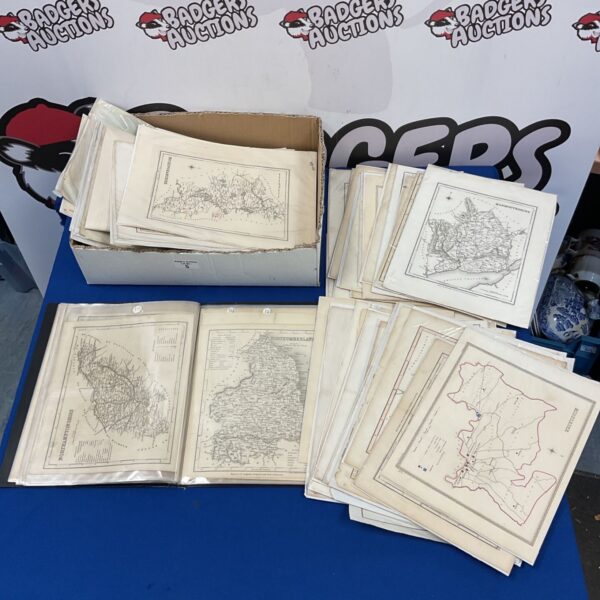 Collection of antique county maps with detailed engravings.