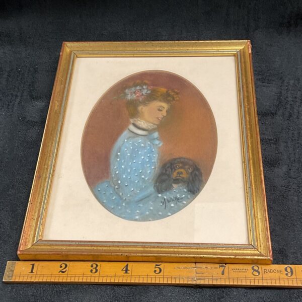 Antique Victorian watercolour painting of a woman and her dog.