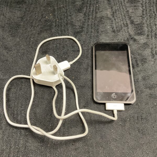 Black Apple iPod Classic with white charger cable.
