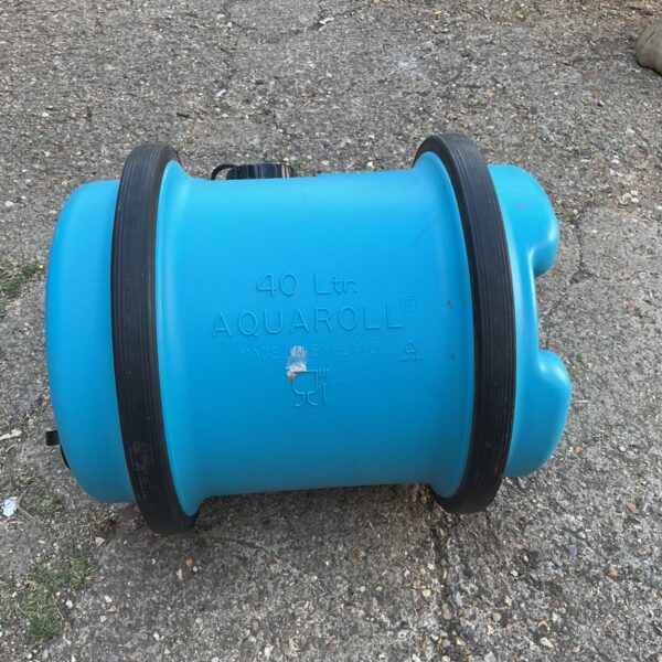 Blue 40 litre Aqua Roll water container for outdoor use.