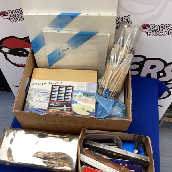 Art equipment lot including brushes, paints, and a wooden easel.
