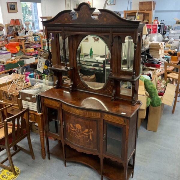 Antique Art Nouveau credenza with mirror and inlaid details.