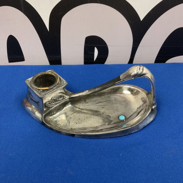 Antique Art Nouveau silver plate inkwell with turquoise detail.