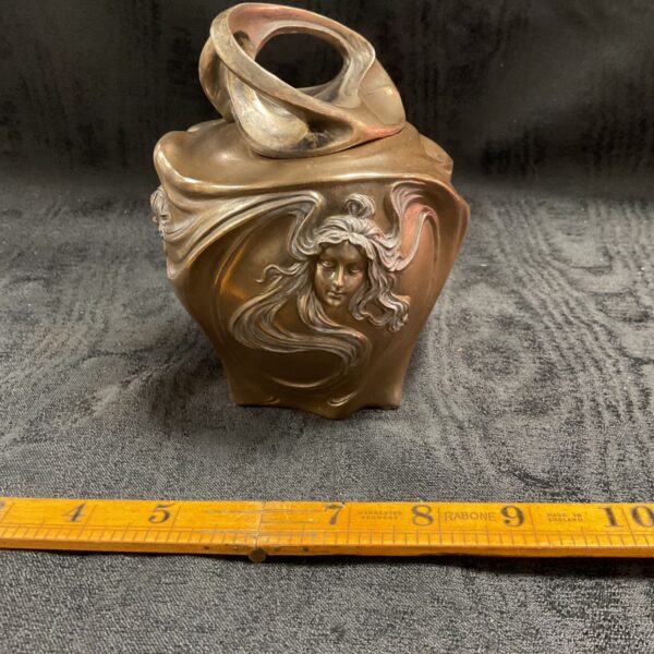 Antique Art Nouveau trinket pot in bronzed resin with Veronese style sculpture.