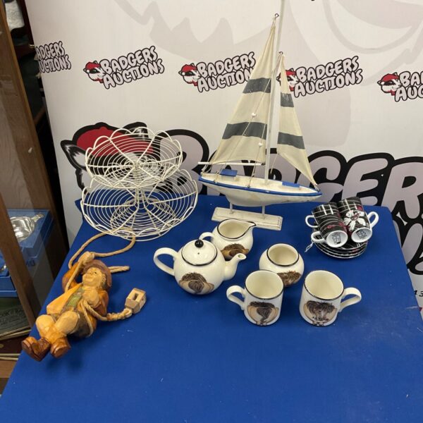 Vintage Arthur Wood tea set with a wooden yacht model.