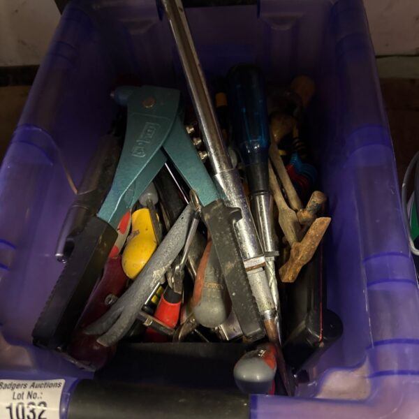 Assorted tool lot with rivet gun and various hand tools.