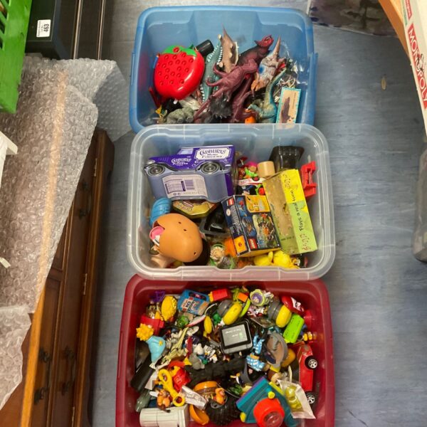 Assorted toy lot in three boxes, vintage and modern collectible toys.