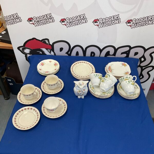 Vintage Aynsley bone china tea set with floral pattern and Staffordshire owl.
